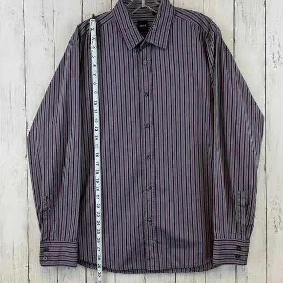 Hugo Boss Purple/Grey Striped Cotton Regular Fit Button Down Shirt Size Large - Picture 14 of 15